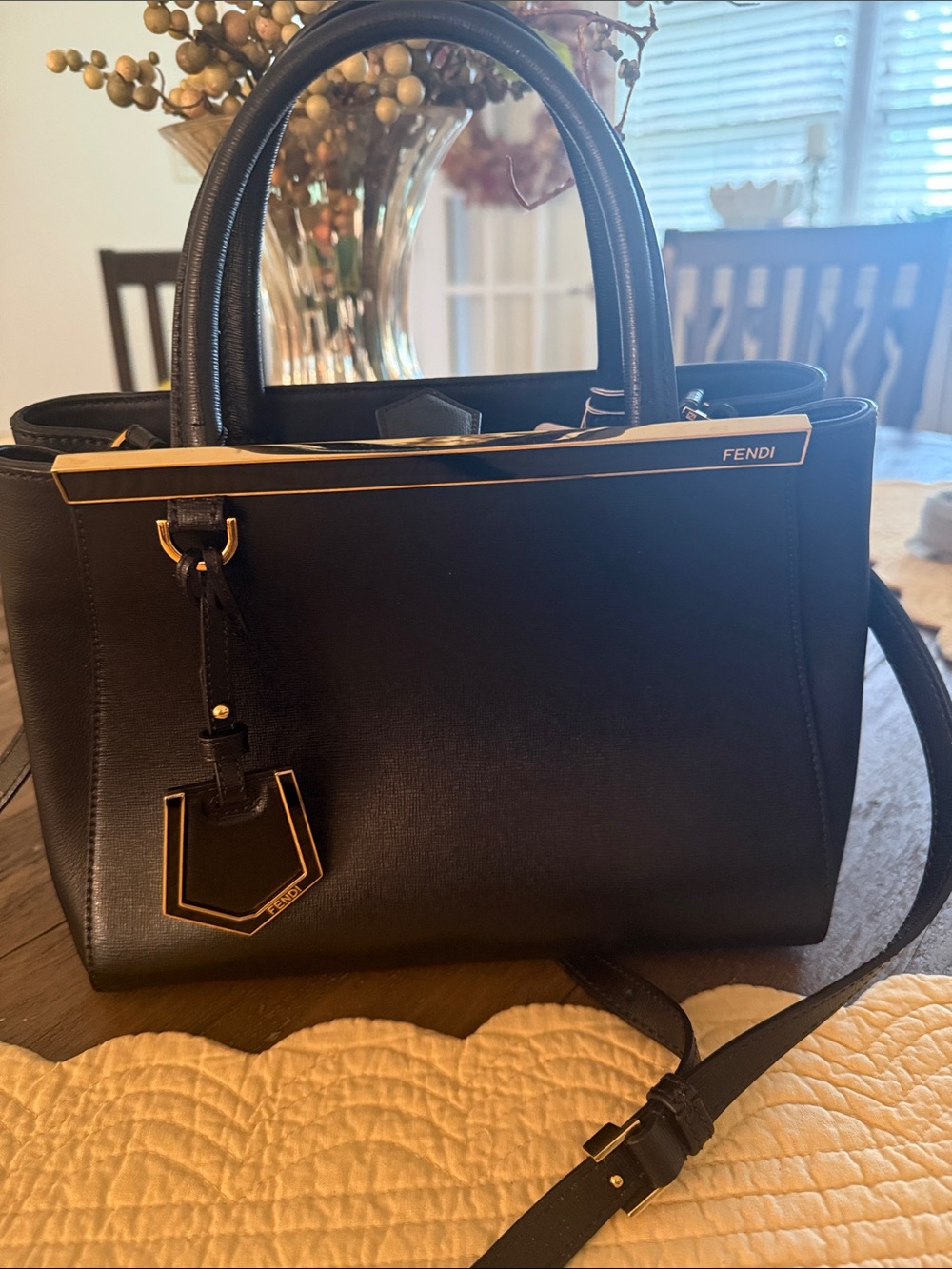 Fendi Black Leather Handbag with Gold Trim